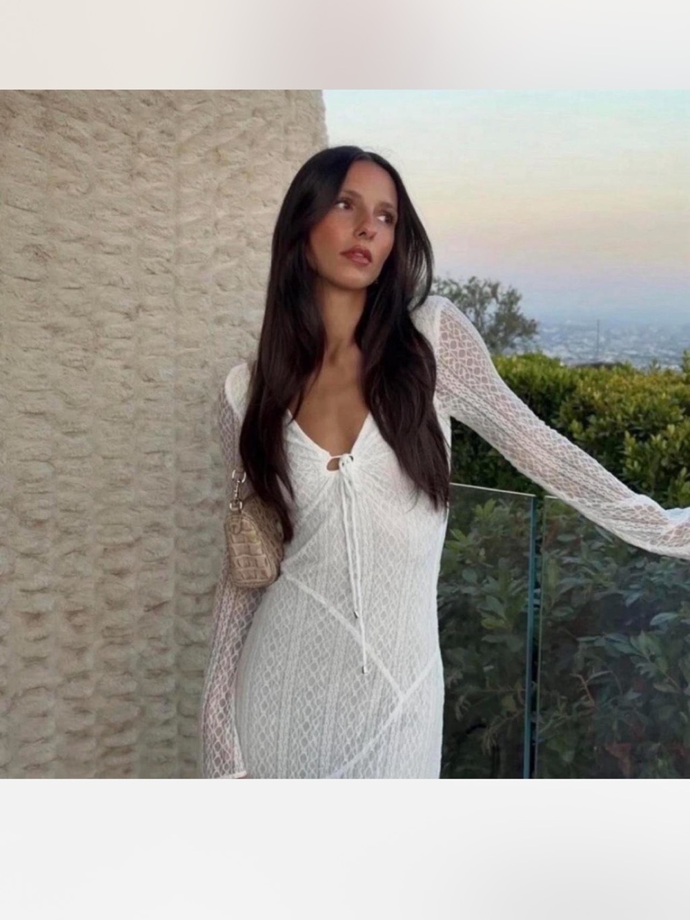 White Knit Long-Sleeve Lace-Detail Dress